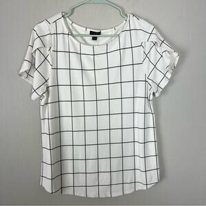 Ann Taylor Factory Plaid Square Print T Shirt Blouse Short Sleeve White